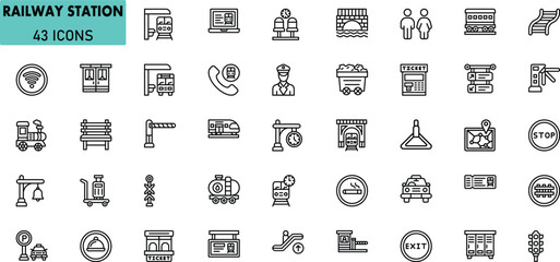 Railway Station Icon Set. 43 Train, Ticket, Transport, Platform Vector Symbols