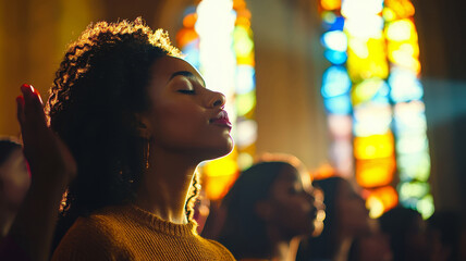 A group of people, young men and women, standing in a church with their eyes closed, praying, worshiping God, believing in Jesus Christ.