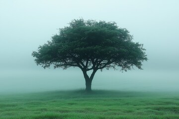 Obraz premium Solitary tree in foggy landscape nature photography serene environment calm viewpoint tranquility concept