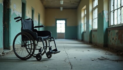 Wheelchair stands in abandoned building corridor. Empty hospital with peeling paint, broken windows, decay. Symbol of loneliness, disability, forgotten history. Old wheelchair in ruined hospital.