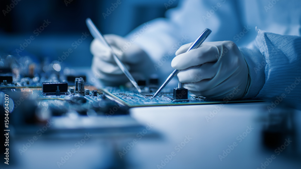Poster technician in gloves working on electronic circuit board with precision tools in high-tech lab.