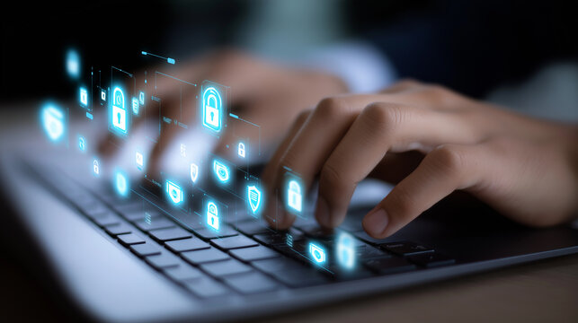 Hands typing on laptop keyboard with glowing cybersecurity icons floating above keys.
