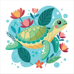 Cartoon vector illustration of a cute sea turtle swimming happily underwater with fish in a seamless tropical ocean pattern
