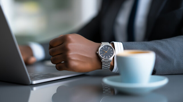Close-up of a businessman in a suit checking his wristwatch while working on a laptop with coffee on the table.  
