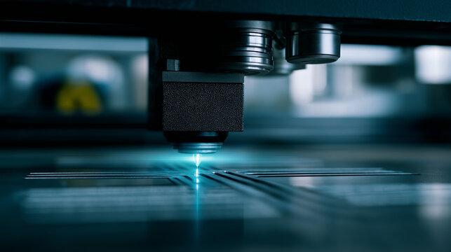 High-tech laser engraving a QR code onto a metal surface in a dark precision lab.
