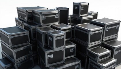Illustration of stacked black flight cases. Alloy metal frame, hardware. Digital illustration of musical equipment, stage, concert, event. Cases for sound, audio tech transportation and storage.
