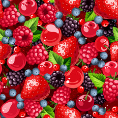 Seamless background with strawberry, raspberry, blackberry, cherry, blueberry, and currant berry. Vector food print