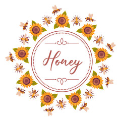 This vibrant vector illustration showcases bees buzzing around bright sunflowers arranged in a circular frame. The lively colors and natural elements celebrate the beauty of summer and pollination