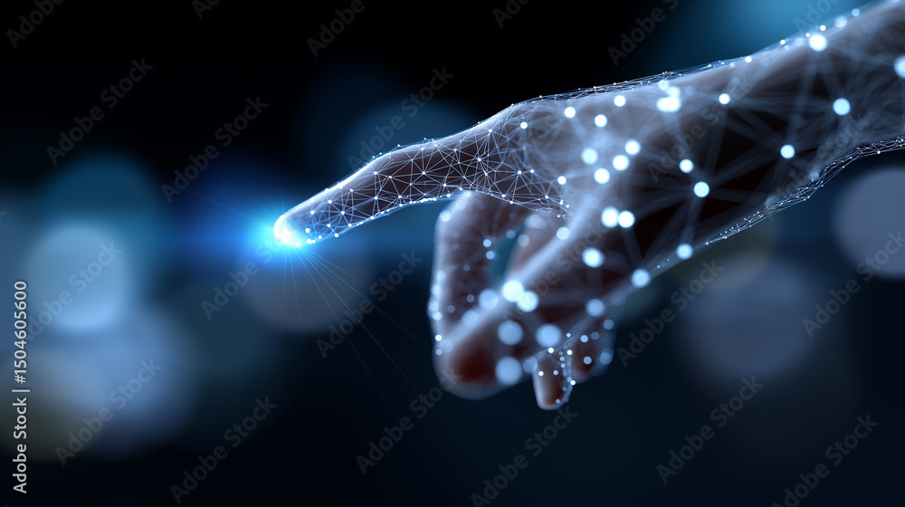 Aufkleber futuristic digital hand made of glowing network nodes touching virtual interface in dark space.