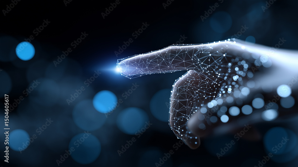 Aufkleber futuristic digital hand made of glowing network nodes touching virtual interface in dark space.