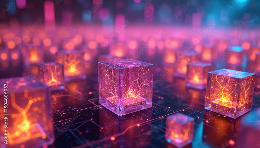 Poster futuristic digital cyberspace illustration with neon glowing cubes. modern abstract background with 