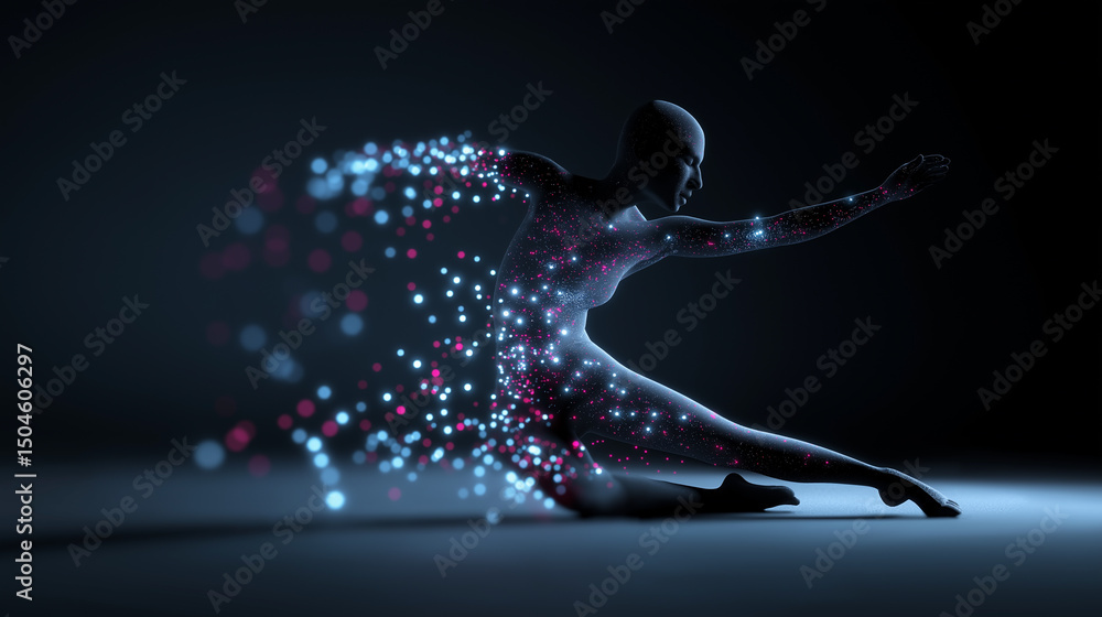 Poster abstract digital figure in dynamic dance pose with glowing particles dispersing from the body.