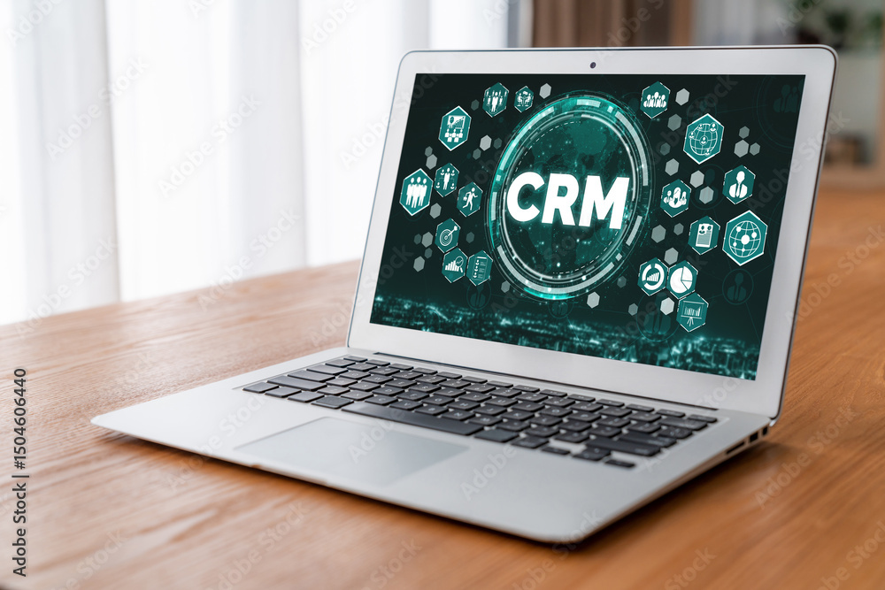 Poster customer relationship management system on modish computer for crm business and enterprise