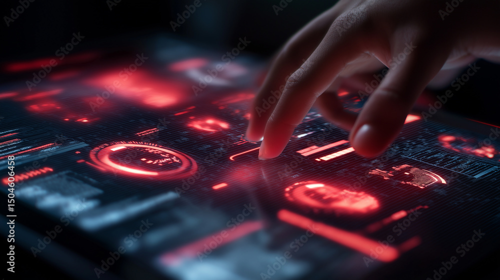 Poster hand interacting with futuristic red holographic touchscreen interface in dark environment.