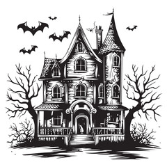 Creepy Haunted House with Bats, Haunted House Clipart, Halloween Haunted House isolated on a white background