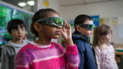 Fototapeta premium Group of children wearing virtual reality glasses during interactive learning session in classroom. 