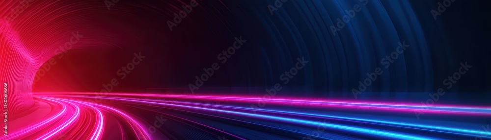 Poster dynamic light trails in neon colors creating an abstract tunnel illusion with vibrant depth and moti