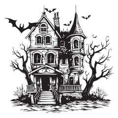 Creepy Haunted House with Bats, Haunted House Clipart, Halloween Haunted House isolated on a white background