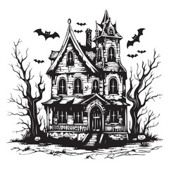 Fototapeta premium Creepy Haunted House with Bats, Haunted House Clipart, Halloween Haunted House isolated on a white background