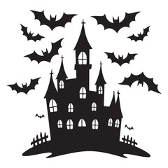 Creepy Haunted House with Bats, Haunted House Clipart, Halloween Haunted House isolated on a white background
