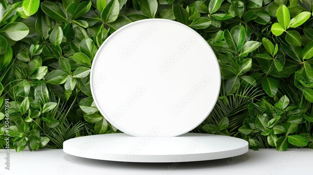 Aufkleber minimalist display stand with empty circle on lush green leaves background for product presentation