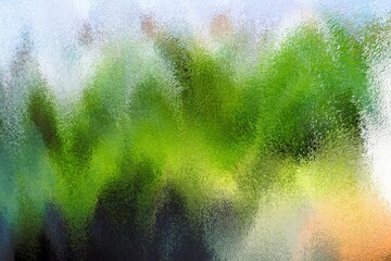 Abstraktes Motiv mit grünem Pflanzenmuster hinter rauer Glasscheibe mit Licht bei Sonne am Morgen im Frühling als Hintergrund