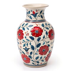 Decorative floral vase with red flowers on a white background
