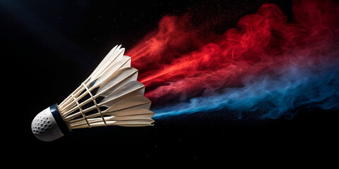 Badminton shuttlecock with red and blue smoke on a black background