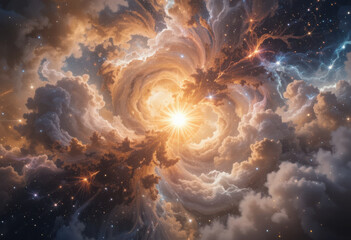 Stunning quasar illuminates cosmic clouds with vibrant colors and swirling patterns