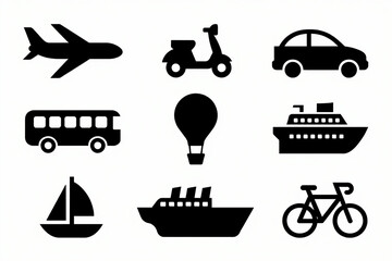 Naklejka premium Photo of Various modes of transport isolated on white background, black icons