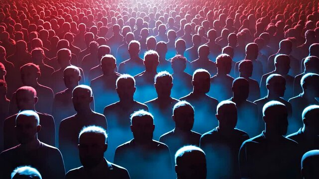 Abstract crowd of faceless humanoid figures in dramatic red and blue lighting concept environment