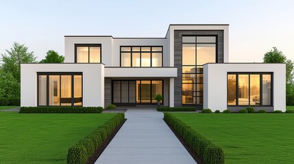 Modern architectural design of a luxury house with large windows and landscaped front yard at sunset