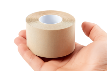 hand holding roll of tape  isolated on white background