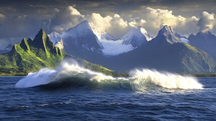 Ocean Wave Crashing Dramatic Mountain Landscape