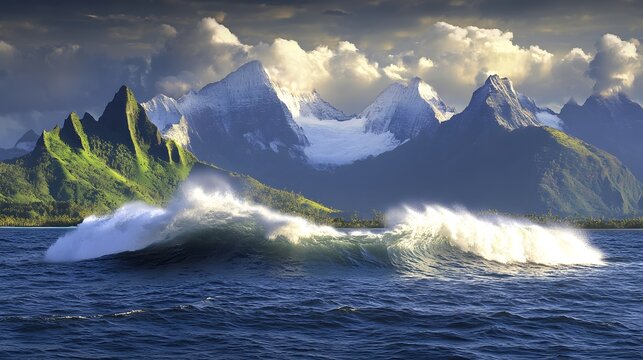Ocean Wave Crashing Dramatic Mountain Landscape