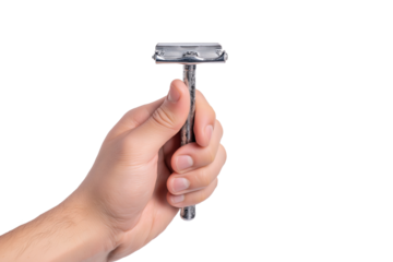 hand holding silver razor  isolated on white background