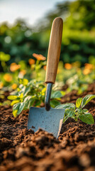 Hand trowel in soil near weeds during manual garden maintenance in natural sunlight