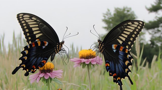 Two Black Swallowtail Butterflies on Pink Flowers - Powered by Adobe