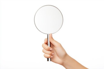 hand holding silver magnifying glass  isolated on white background