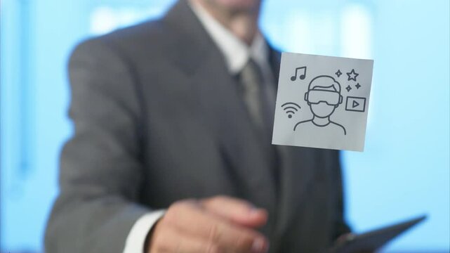 Professional businessman in suit exploring innovative virtual communication strategy using tablet and sticky note near metaverse digital icon on transparent board with technological blue backdrop