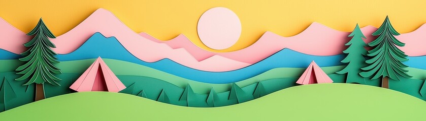 Colorful Paper Cut Landscape with Mountains, Sun, and Trees for Creative Backgrounds or Illustrations