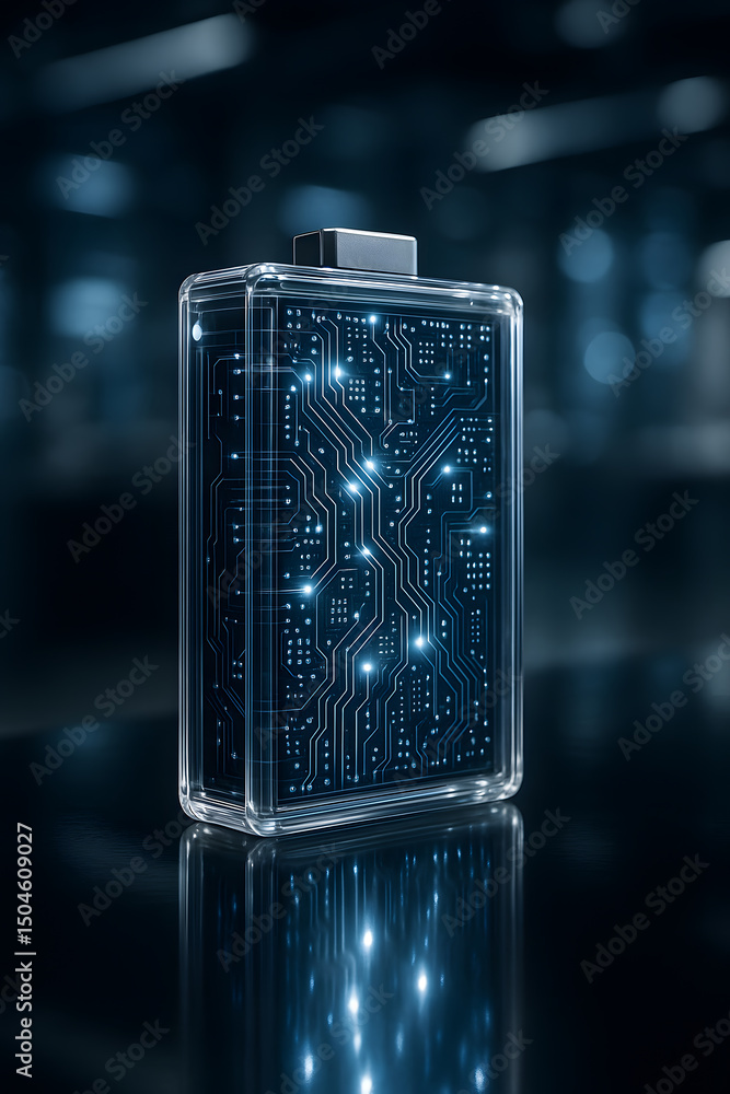 Poster a sleek, translucent battery design glows with intricate circuit board patterns, symbolizing advance