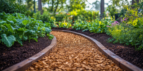 Mulched pathway winding through an organic vegetable garden with lush greenery and vibrant flowers