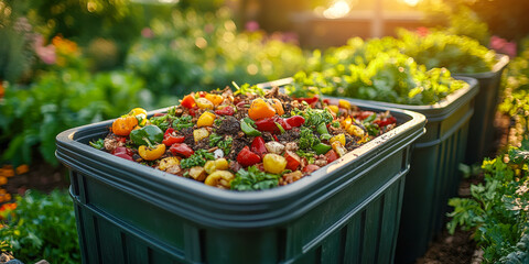 Open top plastic bins filled with colorful compost materials in a vibrant garden setting during golden hour