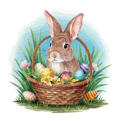 A cute Easter bunny with a basket of colorful eggs on green grass, celebrating the spring holiday