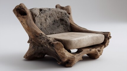 Stone chair with carved seat and raw backrest, organic furniture design