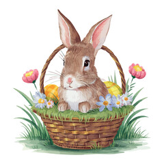 White, fluffy Easter bunny with a basket of colorful eggs on green grass in spring