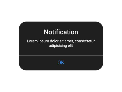 Dark notification pop up UI design with OK button on a transparent background for mobile app and web alert interface in a minimal modern style