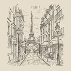 Fototapeta premium Monochrome illustration of a classic Paris street, featuring historic buildings and the Eiffel Tower