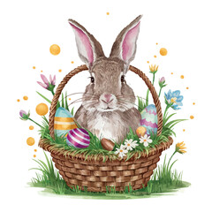 Adorable Easter bunny with a basket of colorful eggs on green grass